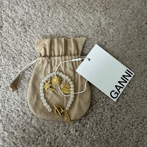 GANNI Beaded Bracelet with Gold Charms white